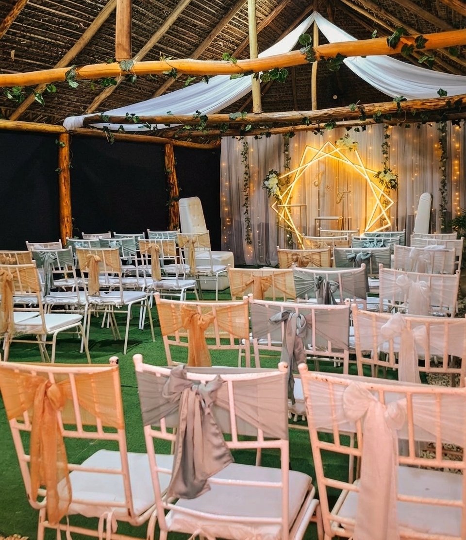 Interior del salón — boda con techo de palma, telas blancas y sillas Chiavari