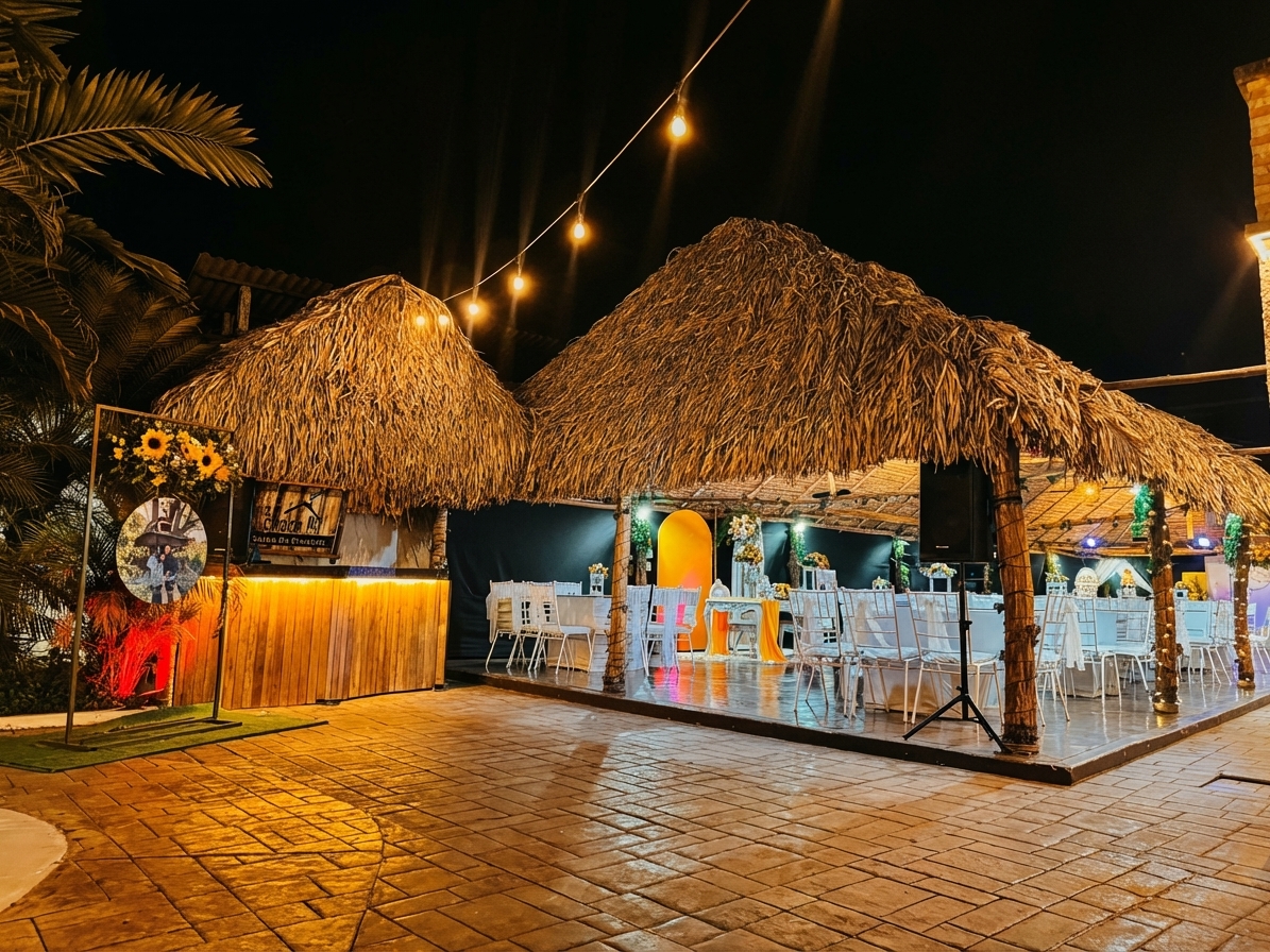 Vista exterior de La Choza de noche — techos de palma iluminados con luces Edison