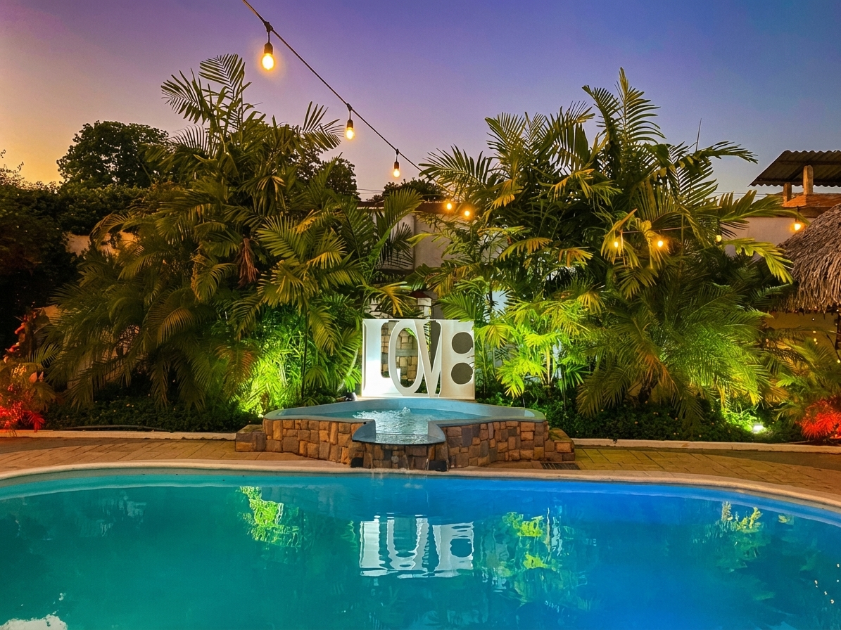 Piscina privada de La Choza iluminada al atardecer con palmeras