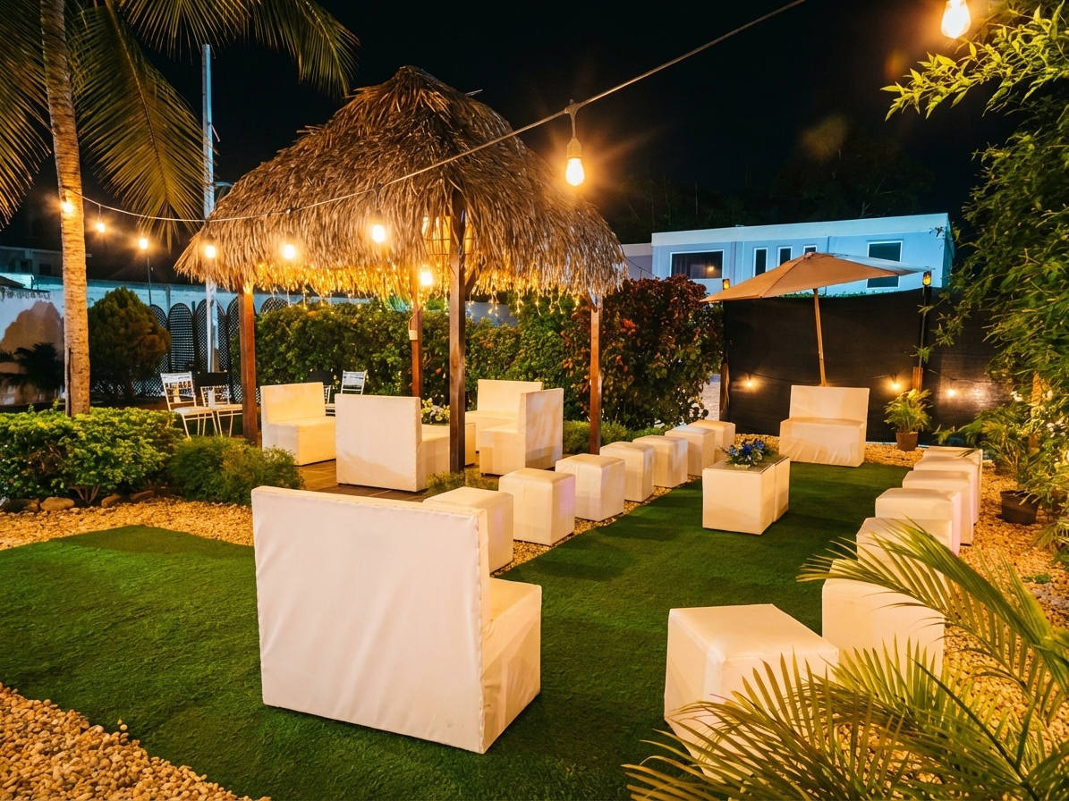 Área lounge nocturna de La Choza — muebles blancos, palmeras y luces Edison